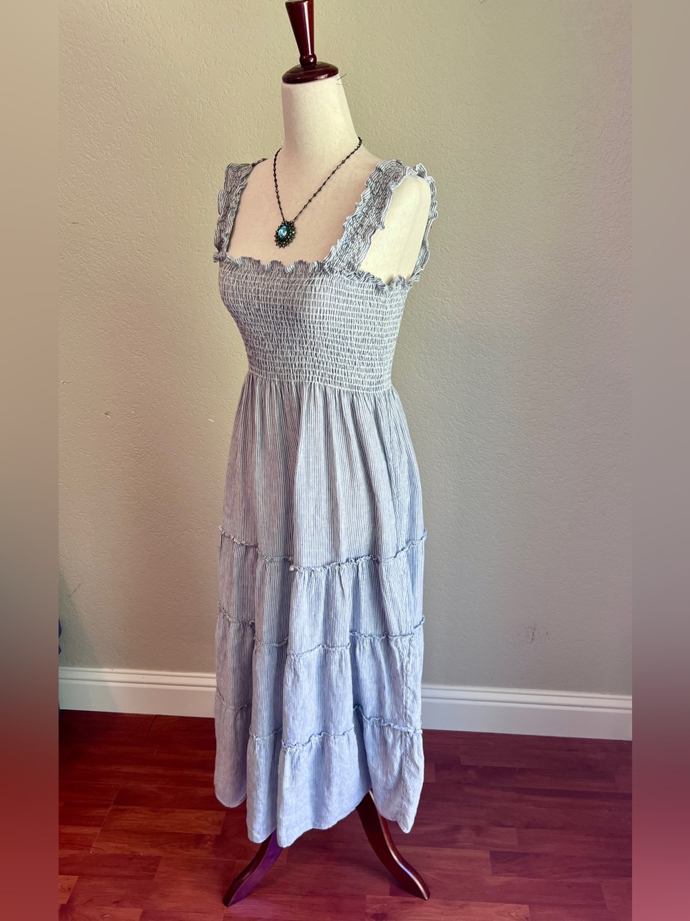 Quince 100% Linen Blue Pinstripe Smocked Midi Dress SMALL - Picture 5 of 15